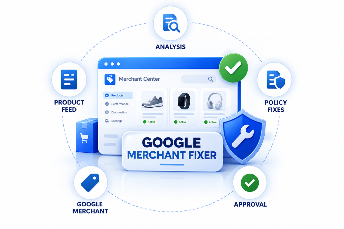 Google Merchant Fixer graphic for resolving Google Merchant Center product feed issues