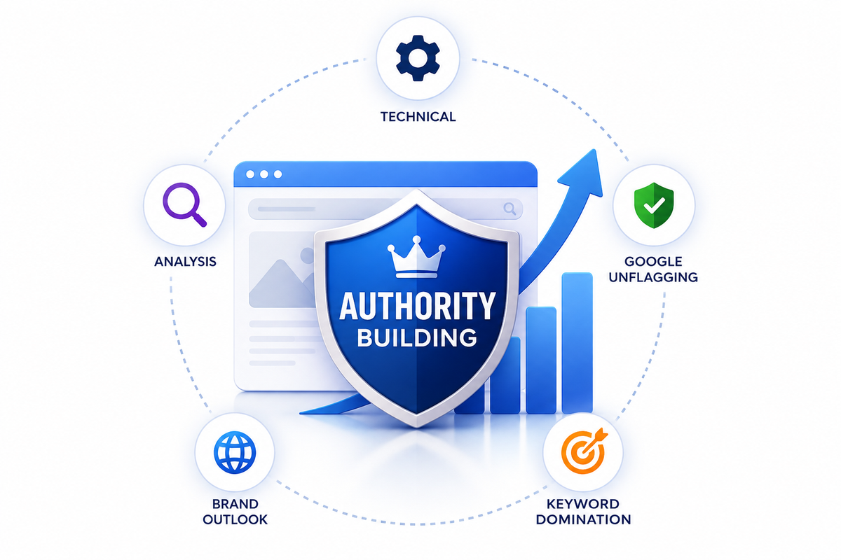 Authority Building Service graphic for strengthening brand credibility and website authority